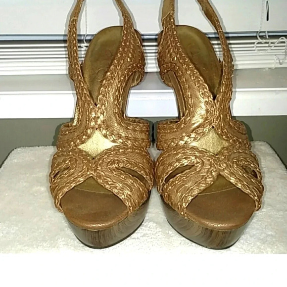 Jessica Simpson Women's Gold Platform Heels Size 7.5 Braided Ankle Strap - Picture 2 of 13